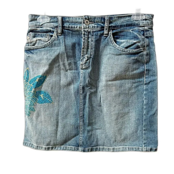Vintage Y2K Z Cavaricci Jean Beaded Painted Mini Skirt Women’s 8 Stretch Rare - Picture 1 of 10